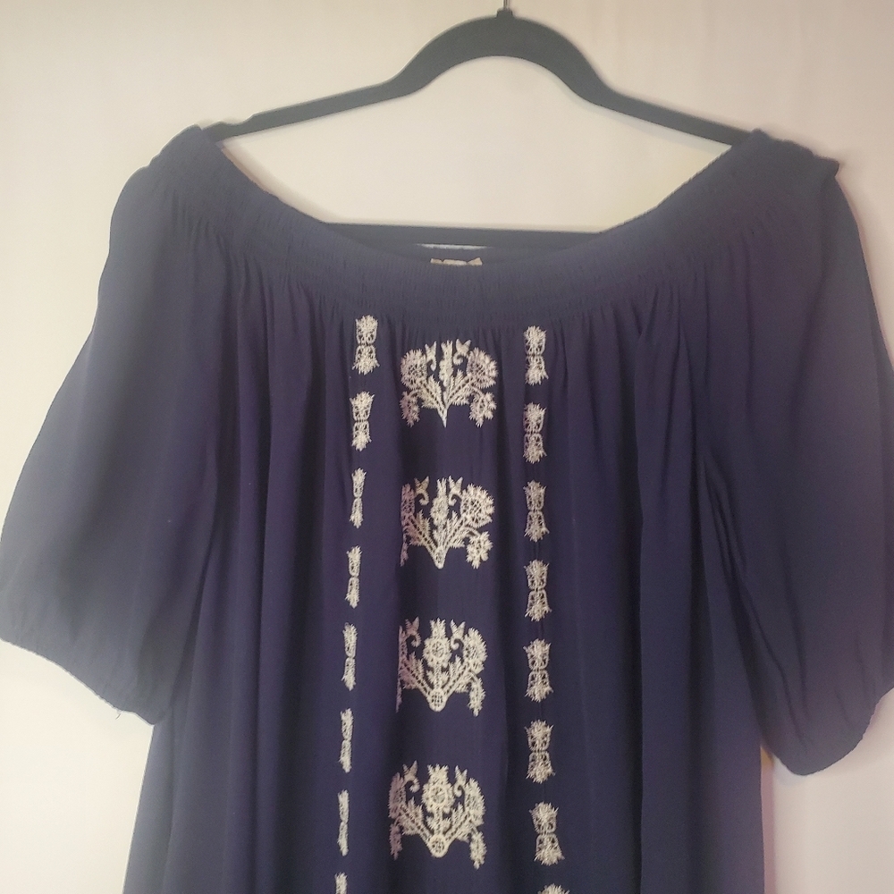 Loft, Size L, Navy off the shoulder,  Raton S/Sl dress, white front embroidery - Picture 3 of 8